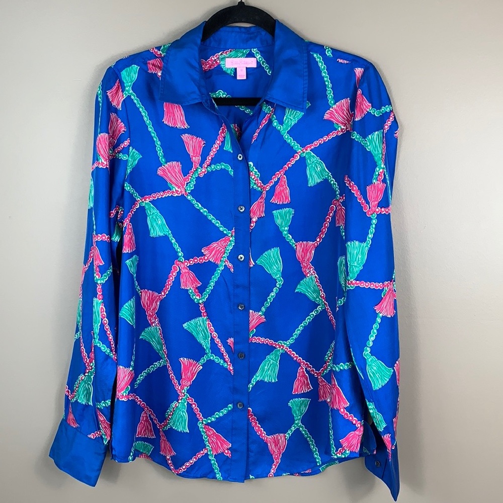 Lilly Pulitzer blue silk button down blouse sz 12